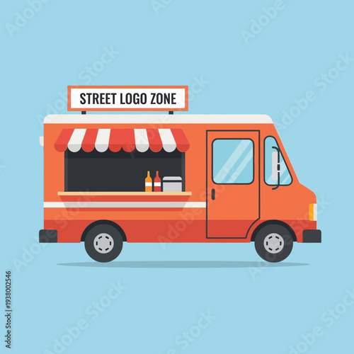 An orange food truck with a striped awning and a sign that says "STREET LOGO ZONE" is parked against a light blue background.