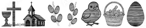 Set of Christian and Easter symbols in a unique horizontal scribble line art style