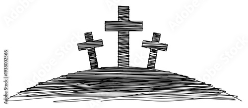 Three crosses on the hill of Calvary in a horizontal scribble line art style representing the crucifixion