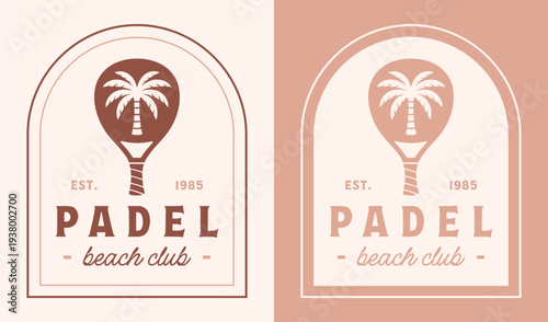 Padel beach club logo summer coastal sea sand court girls player group team badge sticker shirt design. Racket with palm tree illustration tropical boho retro vintage beige aesthetic poster print.
