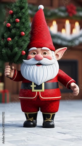 Cute funny cartoon gnome with a Christmas tree animation