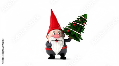 Cute funny cartoon gnome with a Christmas tree animation