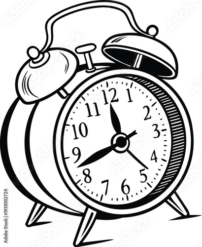 Vector illustration of a black and white alarm clock