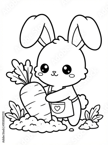Cute bunny holding a large carrot in a garden, black and white coloring page