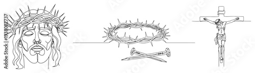 Continuous line drawing of jesus christ crucifixion and crown of thorns symbols