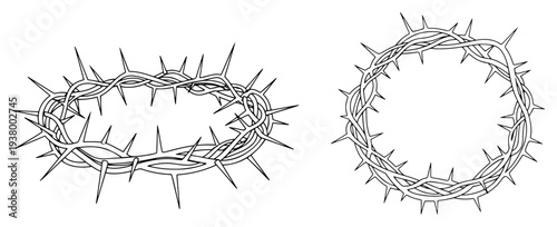 Set of two crown of thorns vector illustrations in black outline style