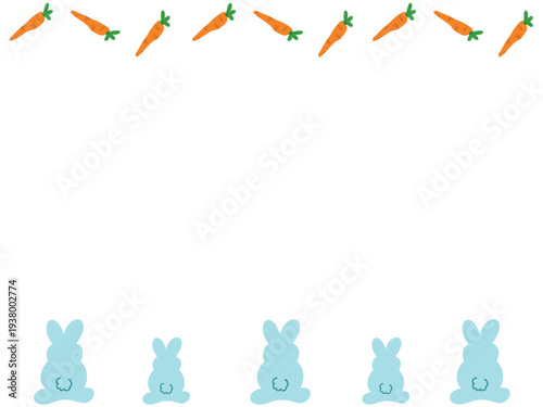 Cute Carrot and blue bunny shapes scattered around border on white background. cute and fun decoration.