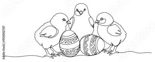 Continuous line drawing of three cute easter chicks and decorated eggs