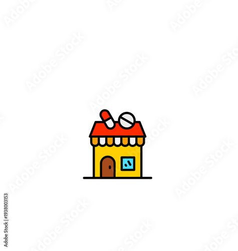 A vibrant cartoon pharmacy building icon with a red roof, yellow walls, and prominent medicine pills on top on transparent background. on transparent background
