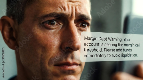 A man stares anxiously at a screen displaying a margin debt warning. He appears stressed and worried.