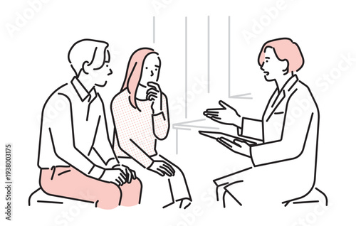 シンプル　イラスト　不妊治療について医師の説明を受けるカップルのイメージ ベクターイラスト