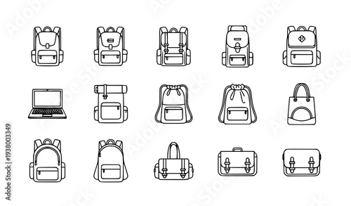 Minimalist backpack outline icon collection with school hiking laptop and travel bags for mobile apps and websites