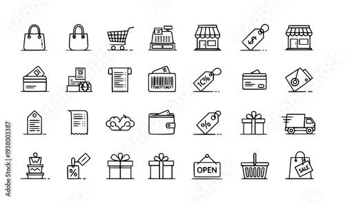 Premium shop line icon pack with shopping bag cart cash register price tag and delivery symbols for web apps