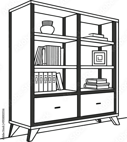 Vector illustration of a bookshelf with books and decorative items