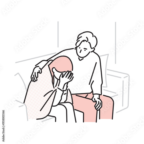 シンプル　イラスト　妊活の悩みで落ち込む女性を支えるパートナーのイメージ ベクターイラスト