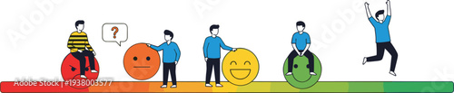 Customer satisfaction journey concept, people moving from unhappy to happy emoji scale representing feedback rating and user experience
