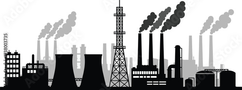 Industrial factory skyline with smokestacks and refinery towers, heavy industry manufacturing plants silhouette cityscape illustration for energy production concept