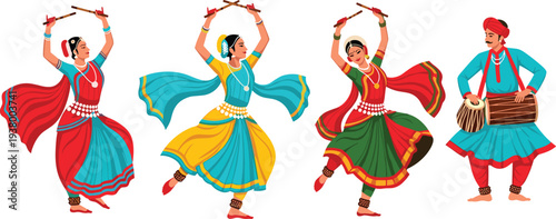 Indian traditional folk dancers with dandiya sticks and drummer, colorful cultural dance performance celebration illustration set