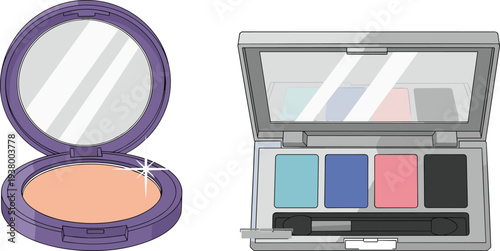 Makeup cosmetics set with powder compact and eyeshadow palette, beauty products for facial makeup and professional cosmetic kit