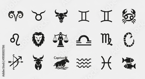 Collection of Zodiac Signs - Astrological Symbols in Black and White.