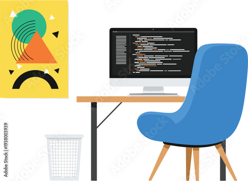 Modern programmer workspace illustration with computer coding screen and chair, software developer desk setup for technology workspace concept design