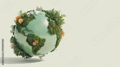 Vibrant 3D rendered Earth globe with lush green foliage and colorful flowers, symbolizing environmental protection, sustainability, and nature conservation on a clean white background with copy