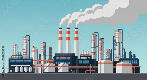 Industrial Plant with Chimneys Emitting Smoke Against a Blue Sky.