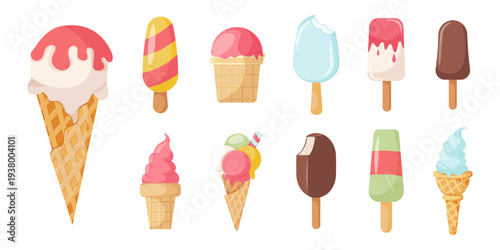 Ice cream collection of various shapes and flavors. Ice cream in pink glaze, vanilla fruit popsicle in chocolate, eskimo pie. Bitten ice cream, waffle cone. Vector illustration sweet summer dessert