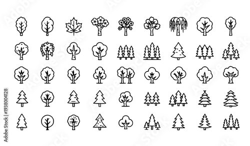 Premium tree and forest line icon pack with deciduous and coniferous trees for web, app, and card design