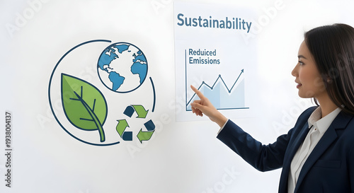 Businesswoman presenting sustainability graph with eco-friendly graphics