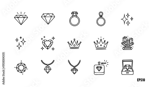 Minimalist diamond outline icon collection with ring necklace crown and heart-shaped gemstones for mobile apps and web