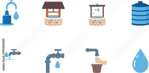 Water supply icons vector set with faucet droplet well tank dispenser bucket design for conservation infrastructure illustration