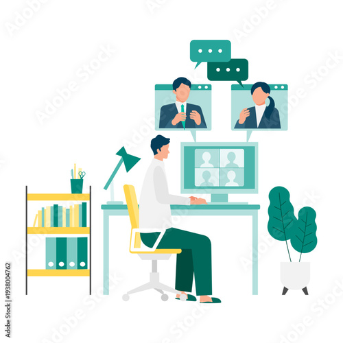 Remote worker in casual attire participating in a video conference from home office while communicating with male and female colleagues on the computer screen