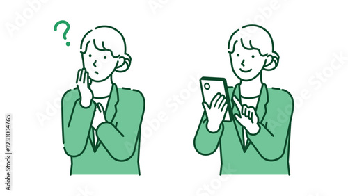 Businesswoman worried about smartphone and smiling female worker solving business problem by touching screen vector illustration set