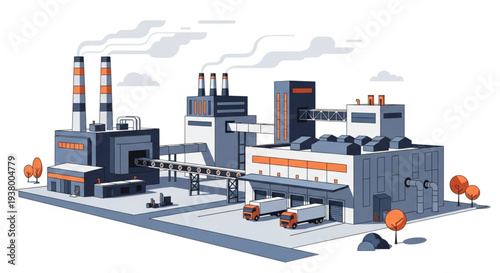 Modern industrial factory complex with smokestacks and loading docks.
