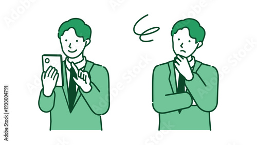 Businessman worried about smartphone and smiling male worker solving business problem by touching screen vector illustration set