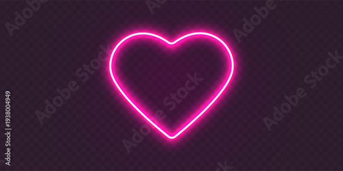 Neon pink heart. Bright night neon signboard on brick wall background with backlight. Retro red neon heart sign. Romantic design for Happy Valentines Day. Night light advertising. Vector illustration.