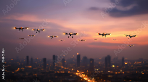 Wide aerial-style shot of multiple commercial and military drones in formation against an urban skyline at dusk, glowing lights below, defocused city grid behind, drone swarm, urba