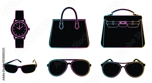 Fashion Accessories Collection Icons bag Sunglasses Watch Backpack and Style Items