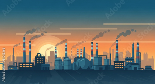 Industrial factory landscape with smoking chimneys at sunset.
