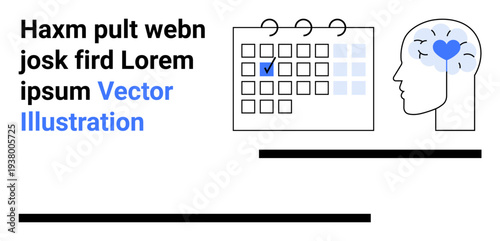 Time management, mental health, productivity planning, mindfulness, scheduling, emotional balance. Calendar with checkmark and brain outline with heart. Time management and mental health concept