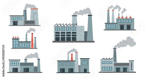 Industrial Factory Buildings with Smoke Emission Vector Illustration.