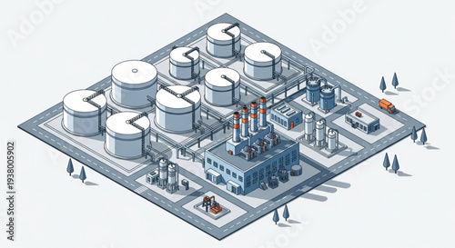 Industrial oil refinery complex with storage tanks and pipelines.