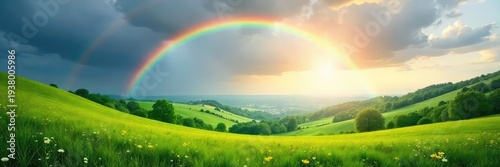 A vibrant rainbow arches gracefully over a tranquil landscape, sunlight illuminating rolling hills and lush green meadows Perfect for nature, weather, and serenity themes , beautiful, earth