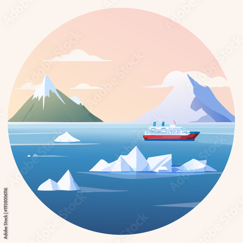 Vector illustration of Arctic fjord landscape with floating icebergs and snow covered mountains