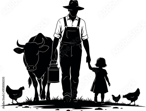 Farmer and Daughter with Cow and Chickens Silhouette