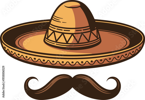 Sombrero hat with brown mustache vector on white background.