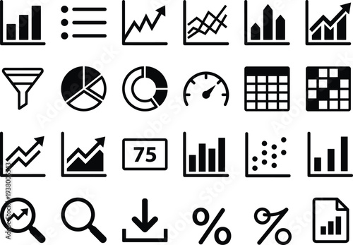 Business analytics and data chart icons set with graphs, statistics, dashboard, percentage and report symbols, financial analysis vector icon collection for marketing and growth