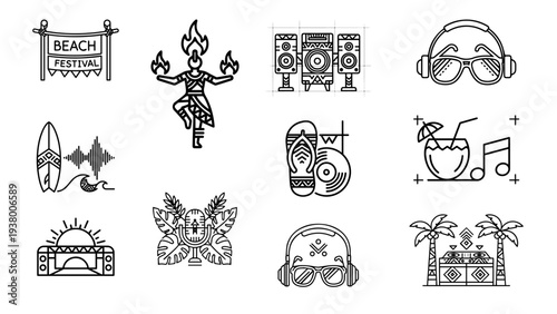 Beach Party DJ Line Icon Set – Minimal Summer Music Festival Outline Vector Icons