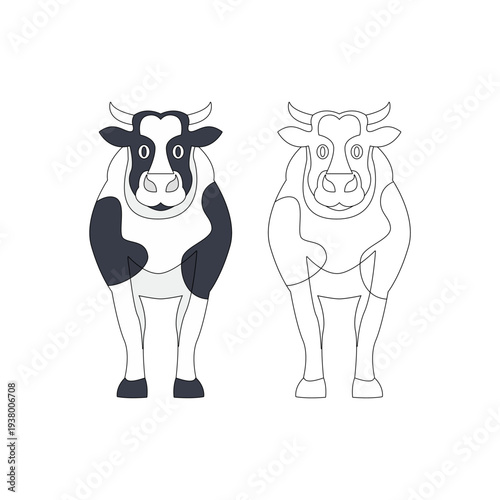 Front view of cartoon cow with outline isolated using kids coloring page on white background in vector illustration, cartoon cow.